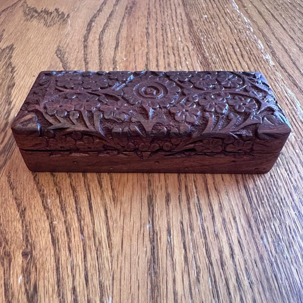 Hand Carved Wood Trinket Box Set 2pc Brown Floral Vine Decor